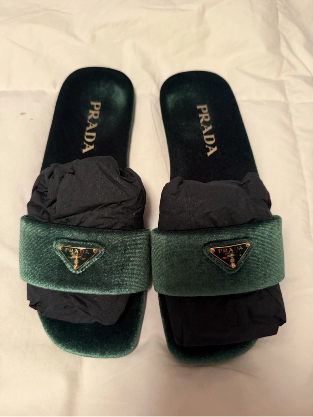 Prada Green Velvet Slide Mules with Gold Logo Plaques